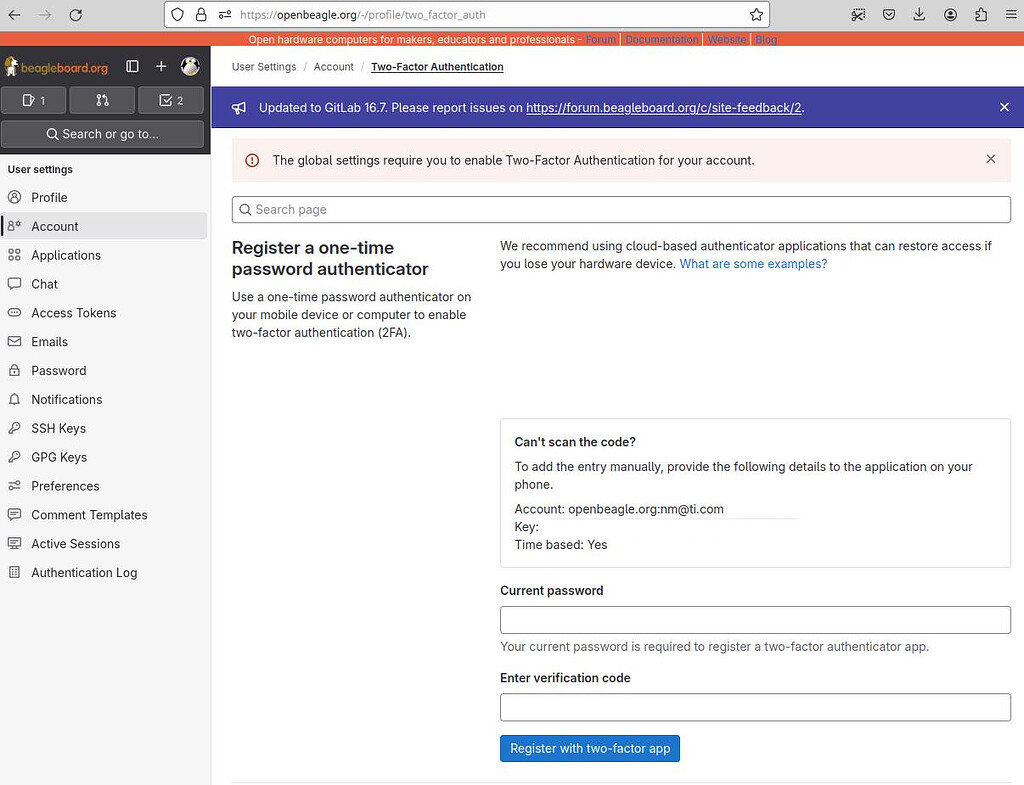 unable to use github 2fa with openbeagle.org - Site Feedback - BeagleBoard